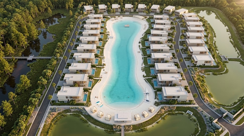 Artist visualization, aerial view: a long engineered lagoon with sandy edges lined by modern homes, with natural ponds, wetland, and forest kept around the perimeter and a boardwalk crossing the wetland.