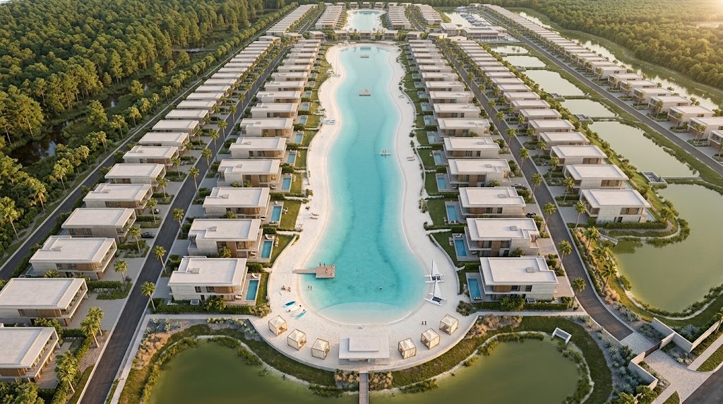 Artist visualization, wide aerial view: a long lagoon lined with rows of homes and streets, with natural ponds and forest kept along the site edges.